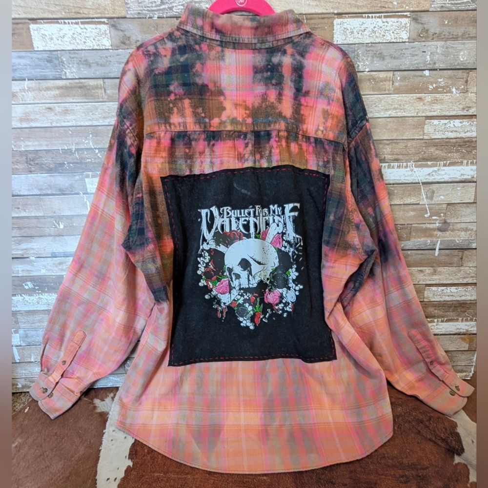 Bullet For My Valentine Upcycled Dip Dye Bleached Flannel Shirt